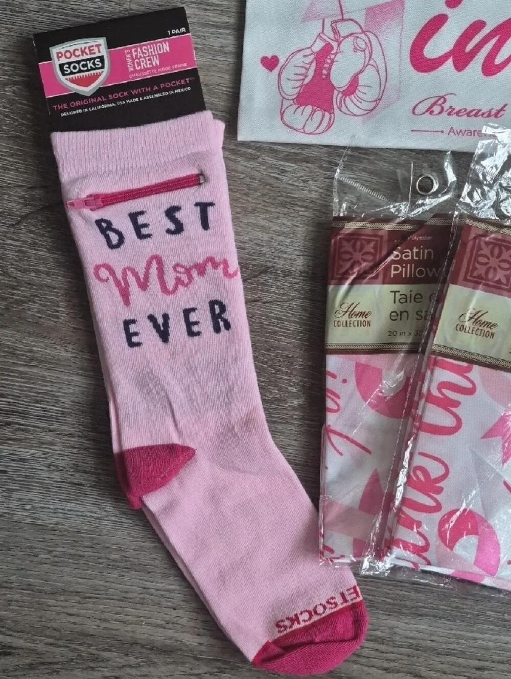 Breast Cancer Awareness Bundle With Pocket Socks, Make Up Bag And 2 Pillowcases